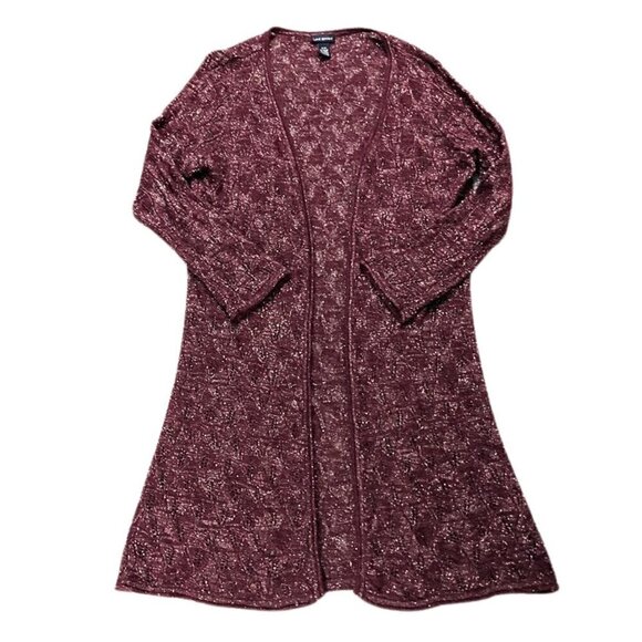 Lane Bryant Sweaters - Vtg Y2K LANE BRYANT Maroon Gold Lurex Mohair Open Crochet Duster Cardigan 18/20